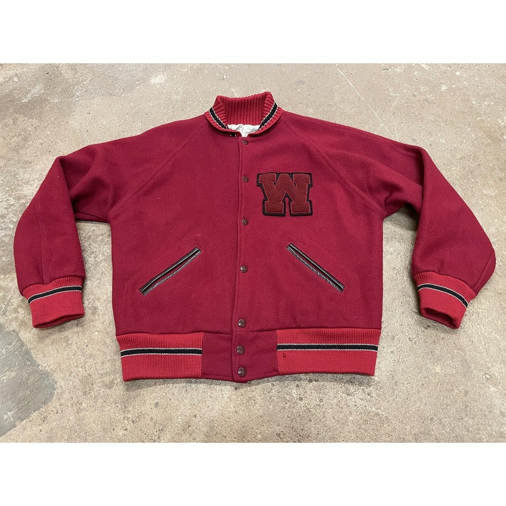 Vintage Varsity Jacket Mens‎ 46 Red Wool Chenille W Patch Snap Letterman College